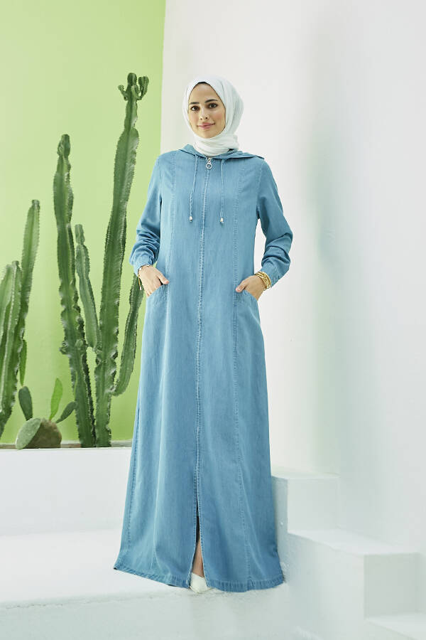 6463-Denim Kapşonlu Ferace Mavi