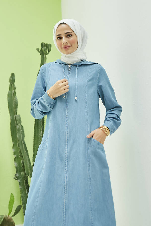 6463-Denim Kapşonlu Ferace Mavi