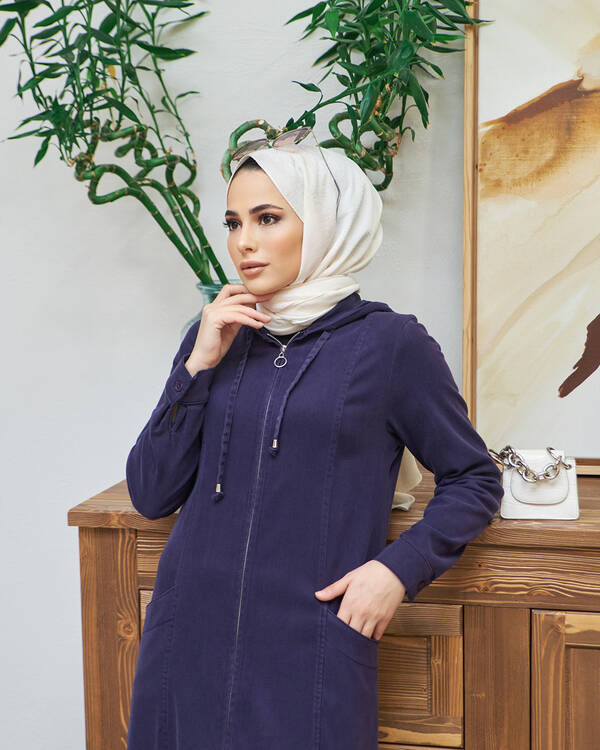 6463-Denim Kapşonlu Ferace Mürdüm