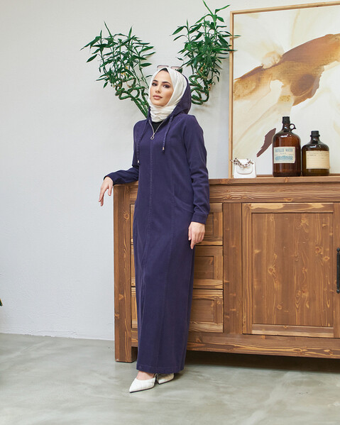 Neways - 6463-Denim Kapşonlu Ferace Mürdüm