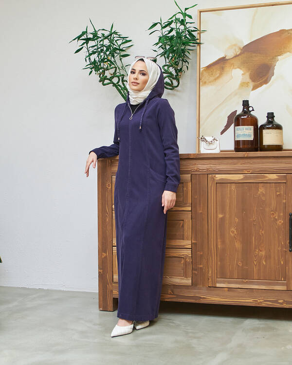 6463-Denim Kapşonlu Ferace Mürdüm
