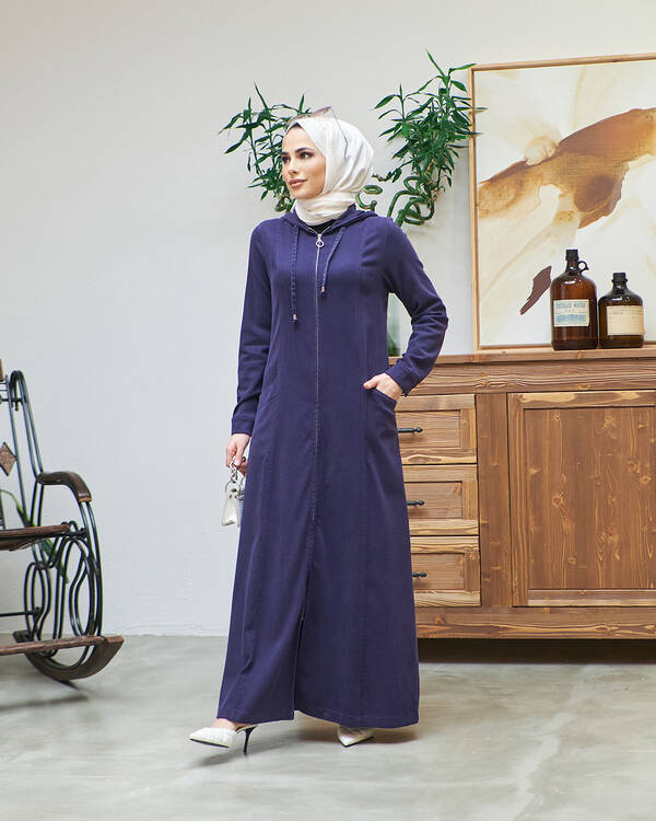 6463-Denim Kapşonlu Ferace Mürdüm