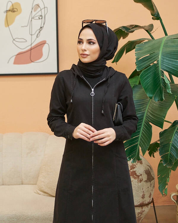 6463-Denim Kapşonlu Ferace Siyah