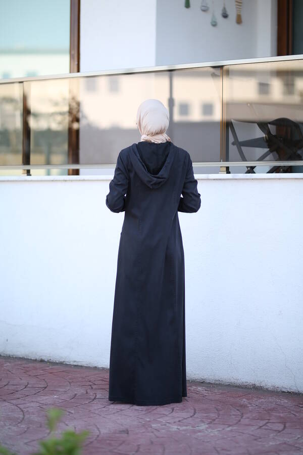 6463-Denim Kapşonlu Ferace Siyah