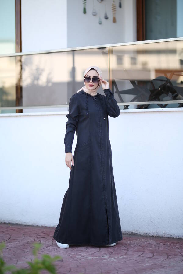6463-Denim Kapşonlu Ferace Siyah