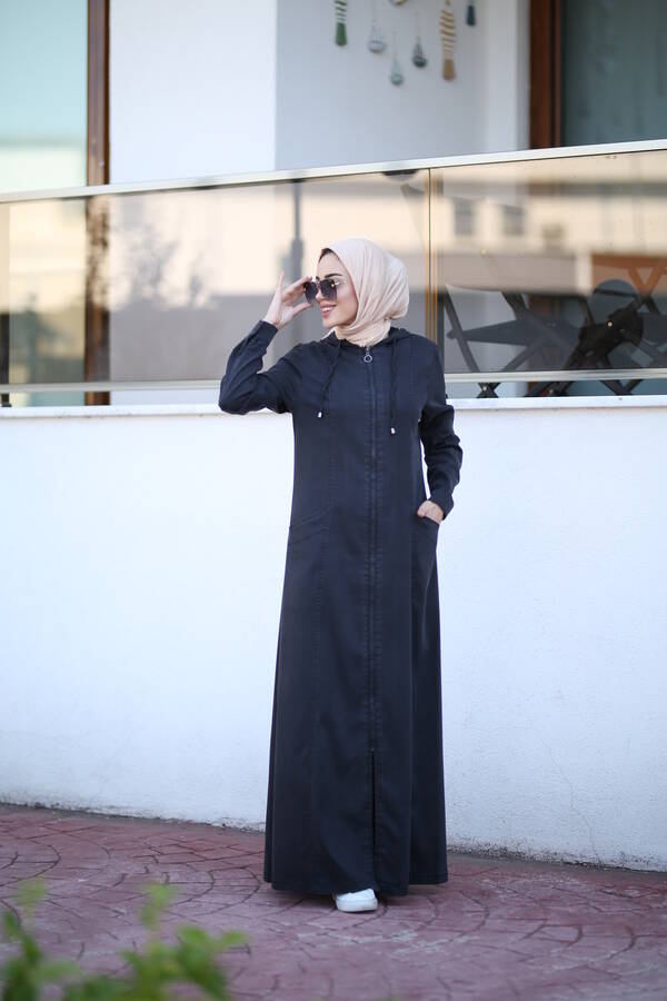 6463-Denim Kapşonlu Ferace Siyah