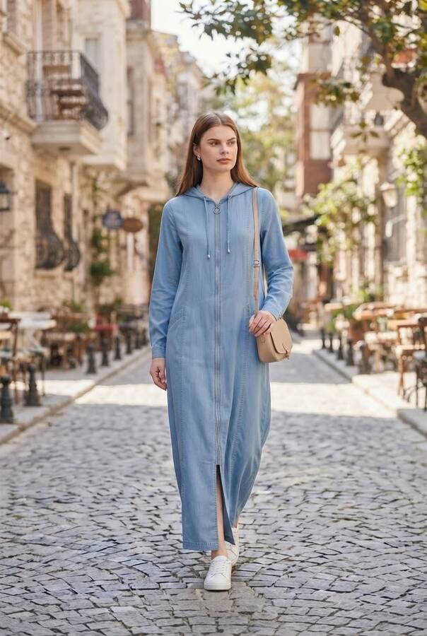 6463-Denim Kapşonlu Tensel Ferace Açık Mavi