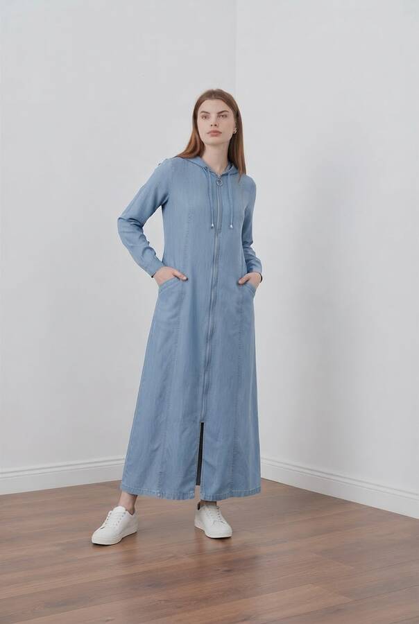 6463-Denim Kapşonlu Tensel Ferace Açık Mavi