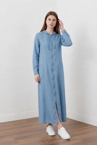 Neways - 6463-Denim Kapşonlu Tensel Ferace Açık Mavi