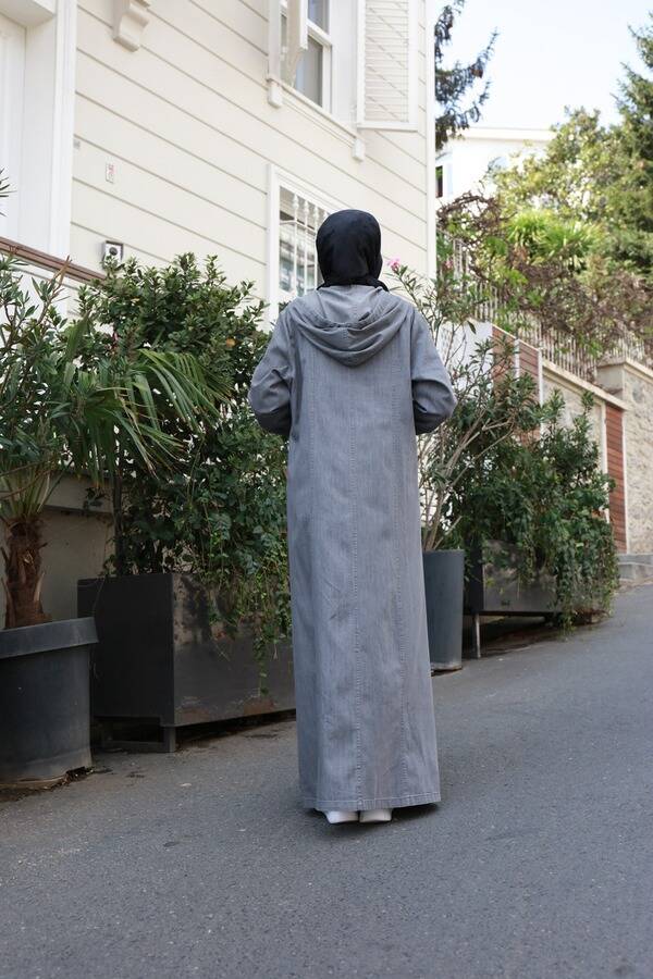 6463-Denim Kapşonlu Tensel Ferace Koyu Gri