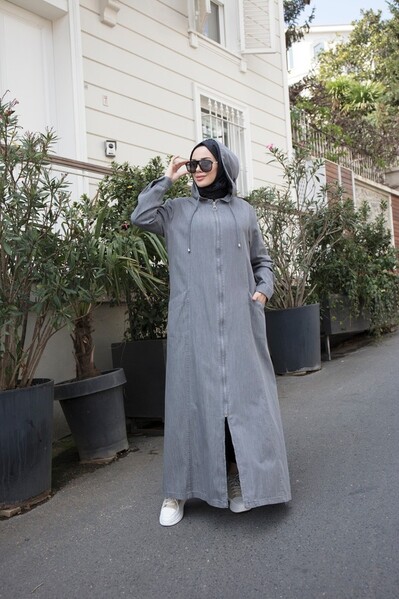 Neways - 6463-Denim Kapşonlu Tensel Ferace Koyu Gri