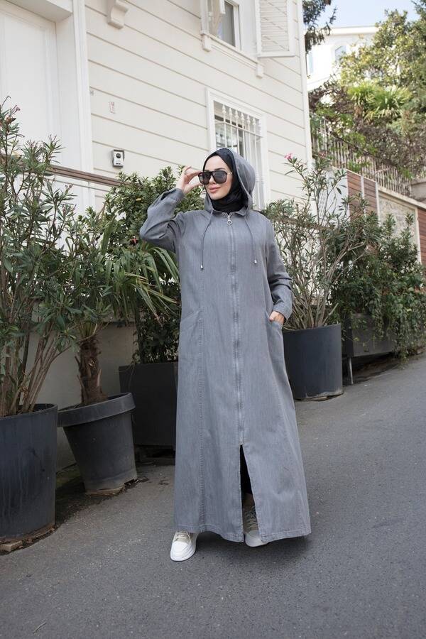 6463-Denim Kapşonlu Tensel Ferace Koyu Gri