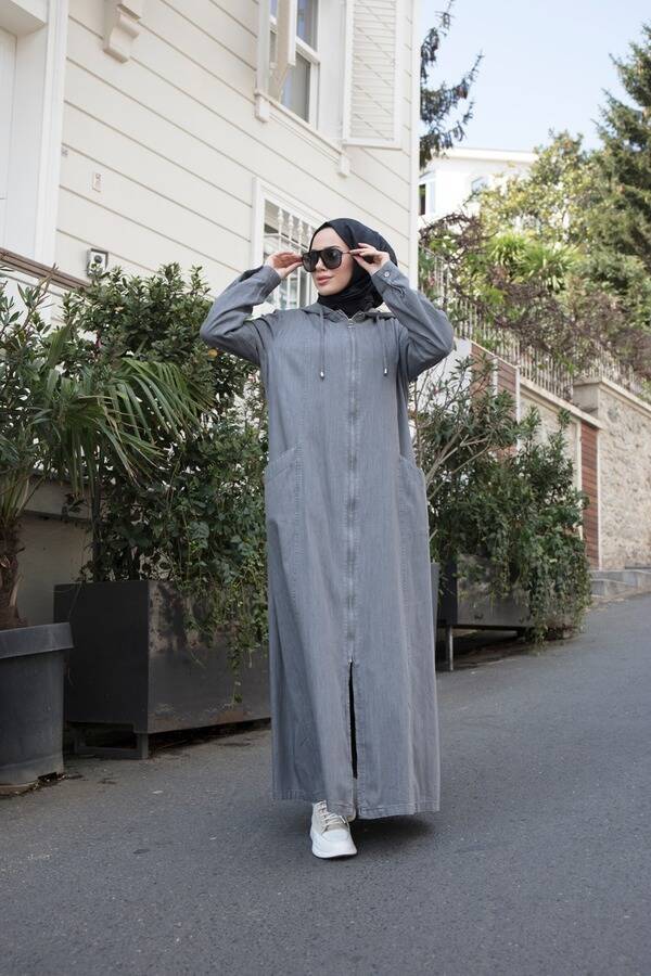 6463-Denim Kapşonlu Tensel Ferace Koyu Gri