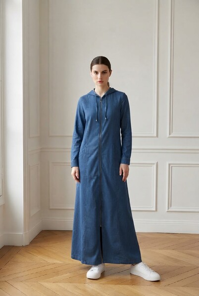 Neways - 6463-Denim Kapşonlu Tensel Ferace Koyu Mavi