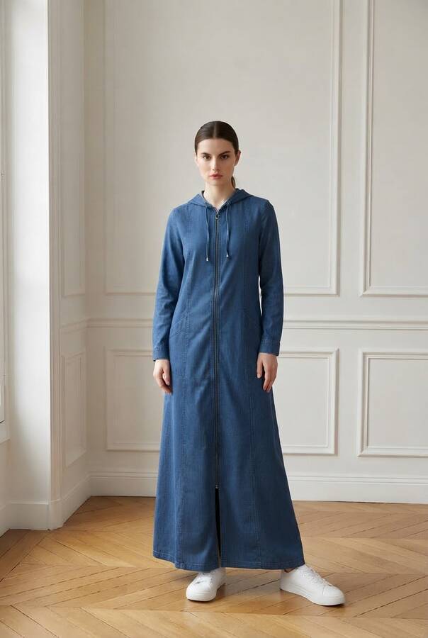 6463-Denim Kapşonlu Tensel Ferace Koyu Mavi