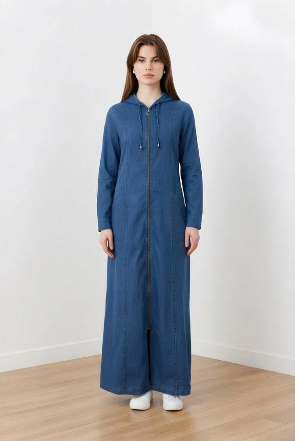 6463-Denim Kapşonlu Tensel Ferace Koyu Mavi