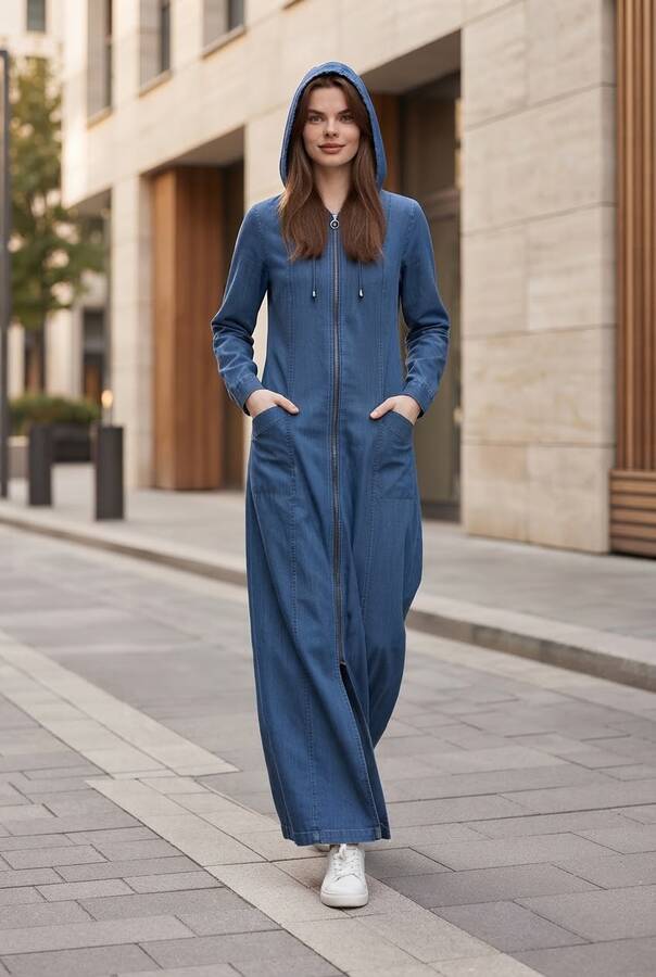 6463-Denim Kapşonlu Tensel Ferace Koyu Mavi