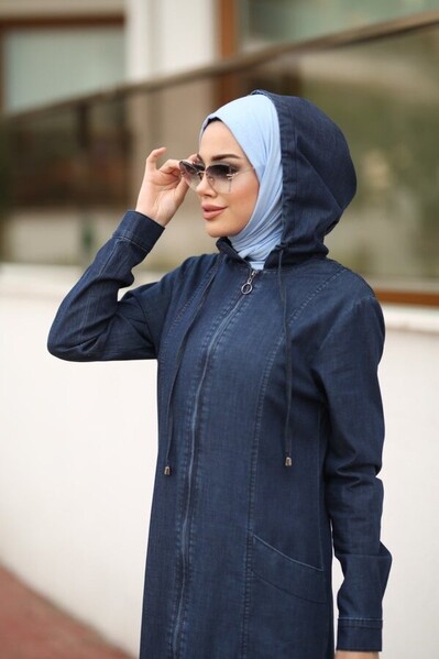 Neways - 6463-Denim Kapşonlu Tensel Ferace Lacivert