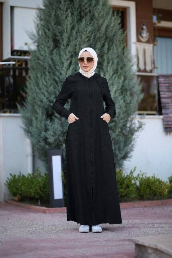 6463-Denim Kapşonlu Tensel Ferace Siyah