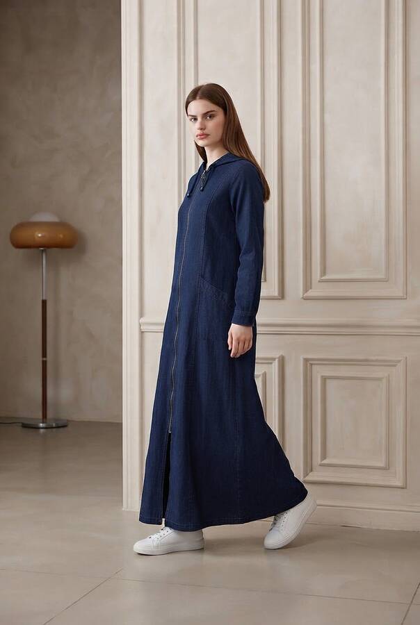 6463-Denim Kapşonlu Ferace Lacivert