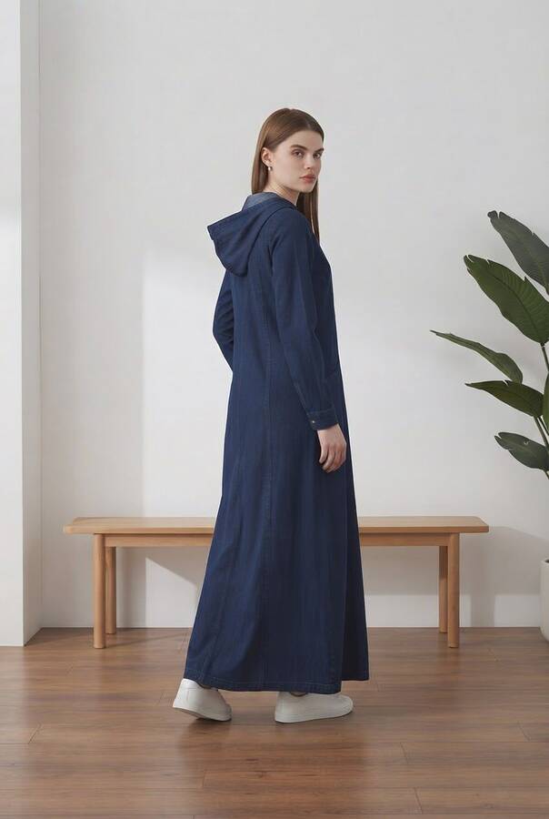 6463-Denim Kapşonlu Ferace Lacivert
