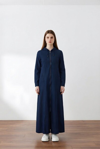 Neways - 6463-Denim Kapşonlu Ferace Lacivert