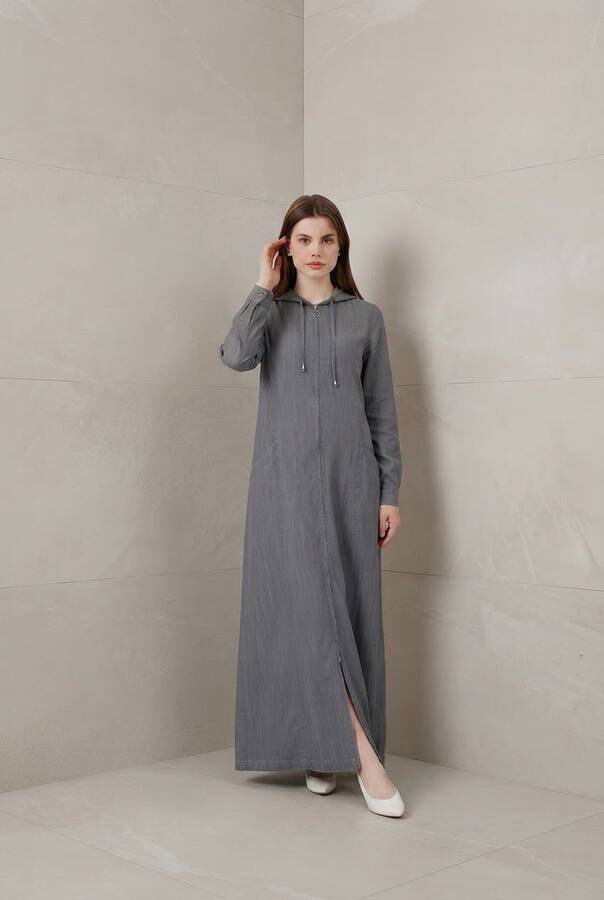 6463-Denim Kapşonlu Ferace Gri
