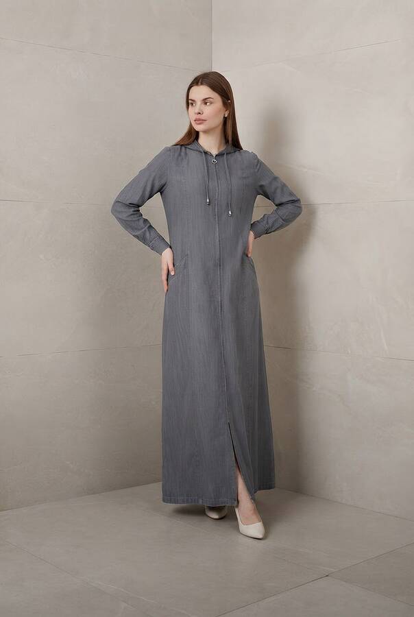 6463-Denim Kapşonlu Ferace Gri