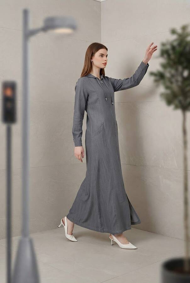 6463-Denim Kapşonlu Ferace Gri