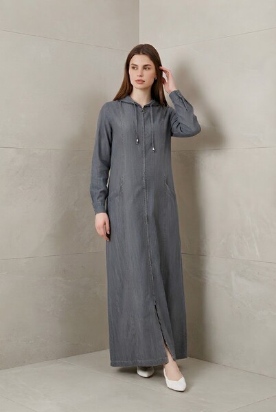 Neways - 6463-Denim Kapşonlu Ferace Gri