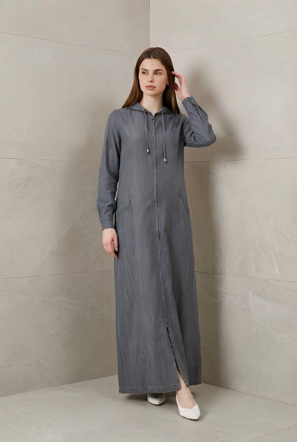 6463-Denim Kapşonlu Ferace Gri