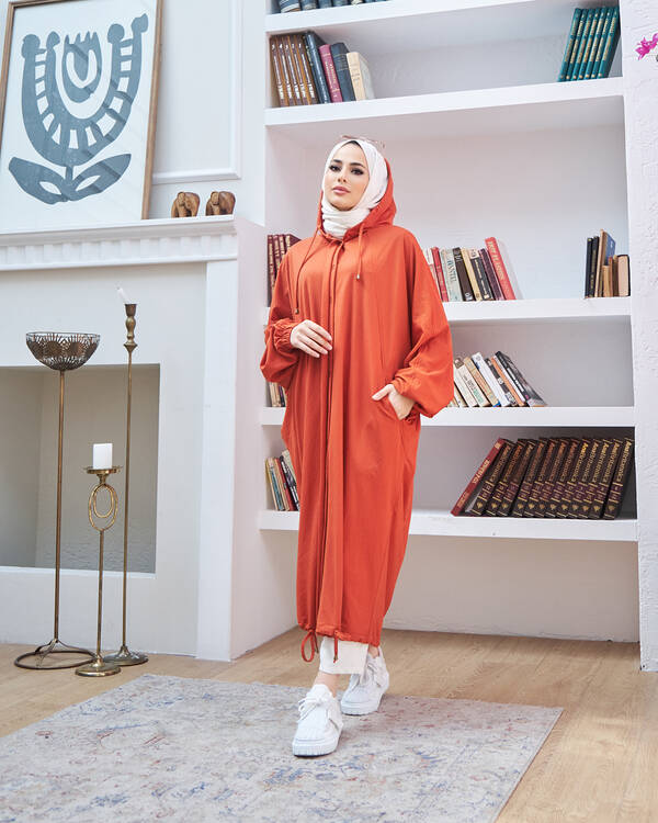 6465-Ancelina Kapşonlu Yarasa Tunik Tarçın