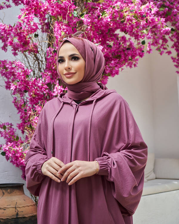 6465-Ancelina Kapşonlu Yarasa Tunik Gül Kurusu