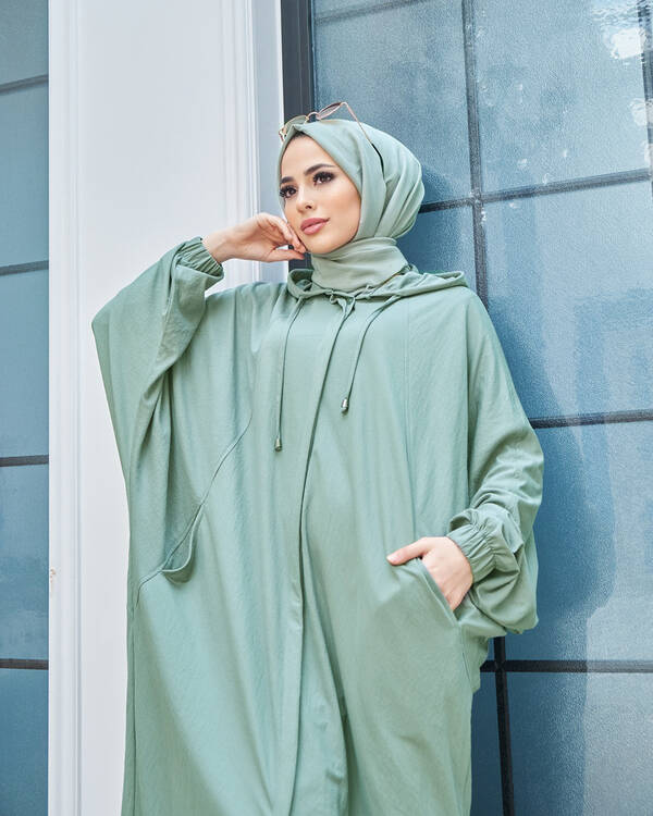 6465-Ancelina Kapşonlu Yarasa Tunik Mint Yeşili