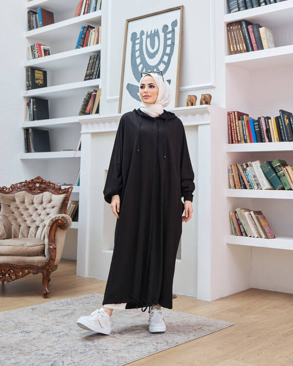 6465-Ancelina Kapşonlu Yarasa Tunik Siyah