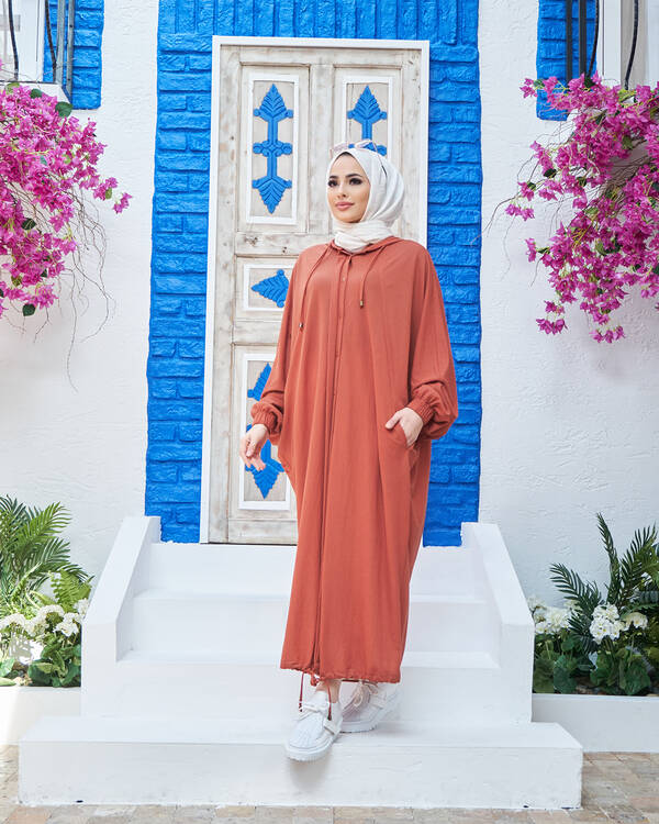 6465-Ancelina Kapşonlu Yarasa Tunik Taba