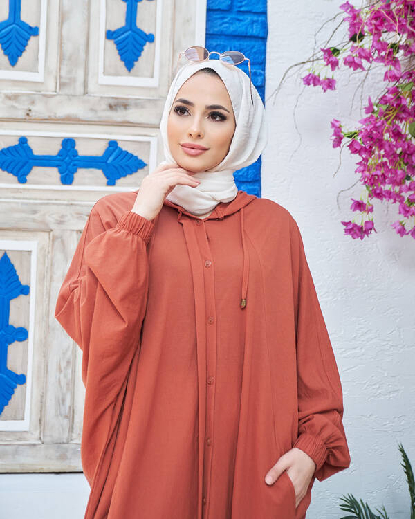 6465-Ancelina Kapşonlu Yarasa Tunik Taba