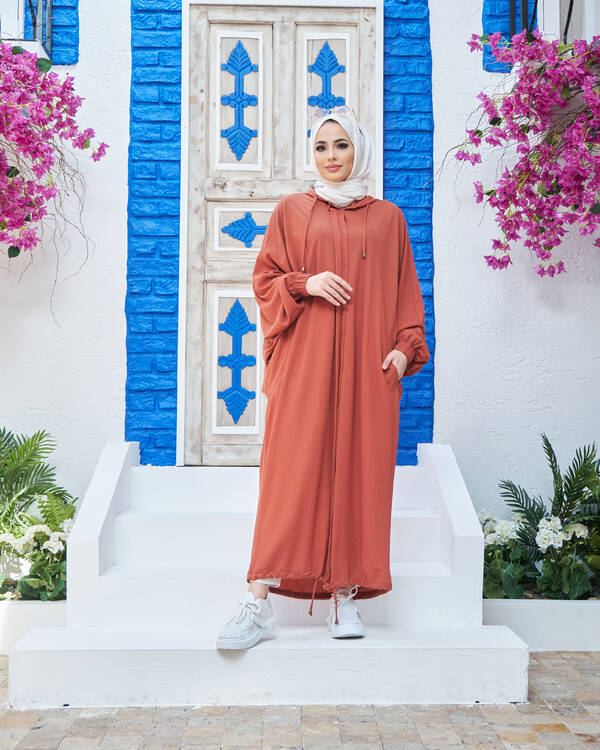 6465-Ancelina Kapşonlu Yarasa Tunik Taba