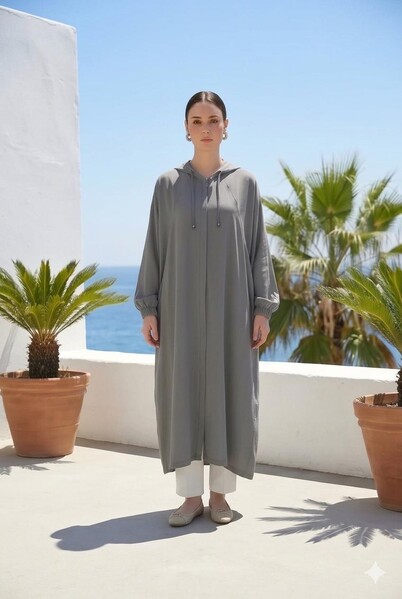 Neways - 6465-Denim Kapşonlu Yarasa Tunik Gri