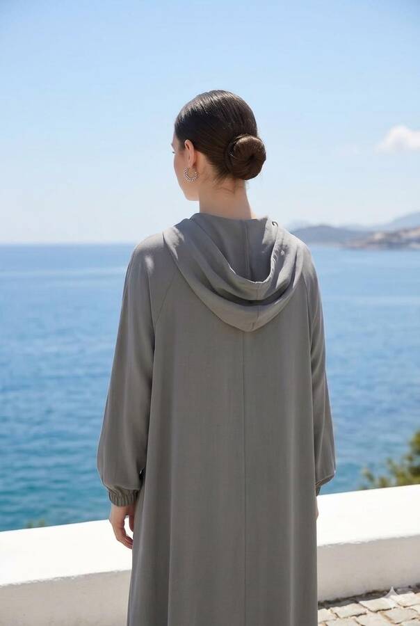6465-Denim Kapşonlu Yarasa Tunik Gri