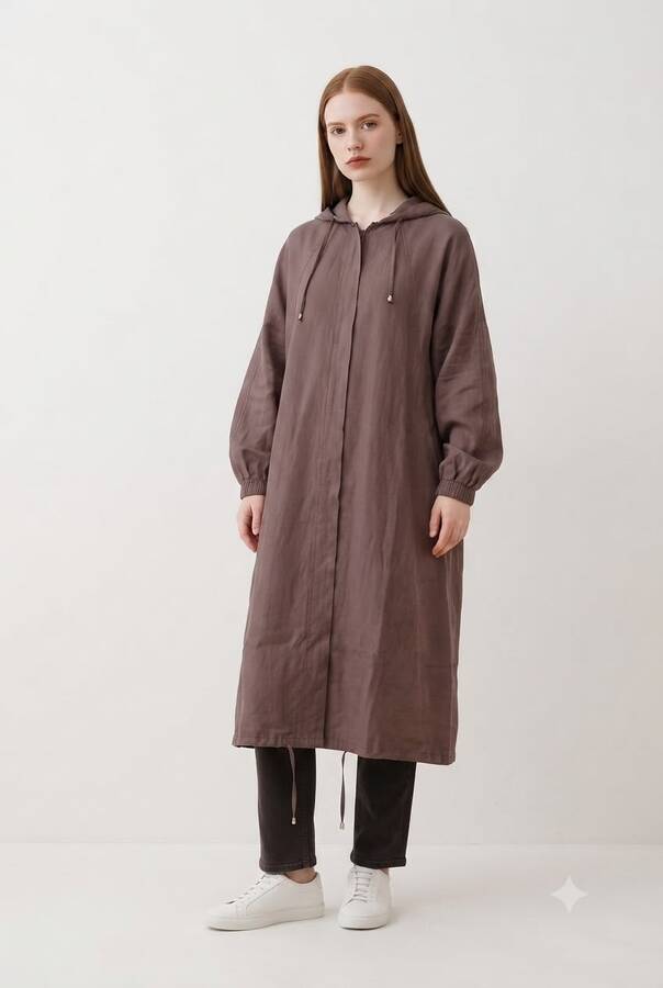 6465-Denim Parça Boya Yarasa Tunik Kahve