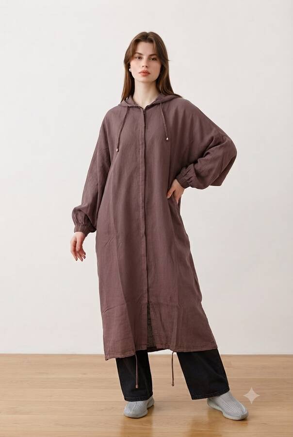 6465-Denim Parça Boya Yarasa Tunik Kahve
