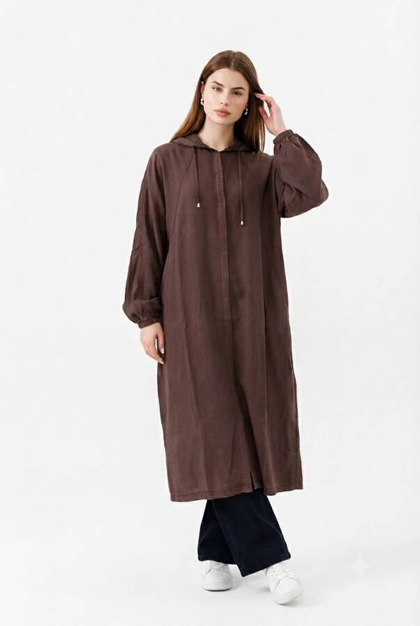 6465-Denim Parça Boya Yarasa Tunik Kahve