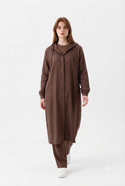 Neways - 6465-Denim Parça Boya Yarasa Tunik Kahve