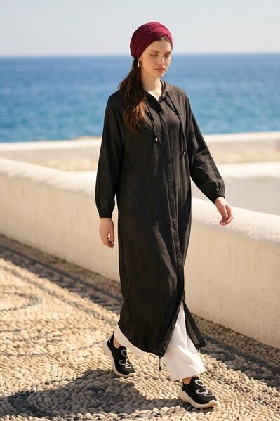 Neways - 6465-Denim Parça Boya Yarasa Tunik Siyah