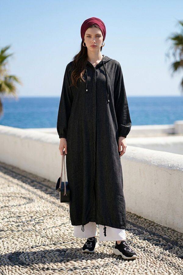 6465-Denim Parça Boya Yarasa Tunik Siyah