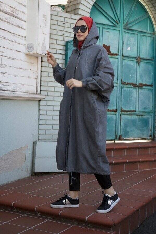 6465-Denim Standart Salaş Tunik Koyu Gri