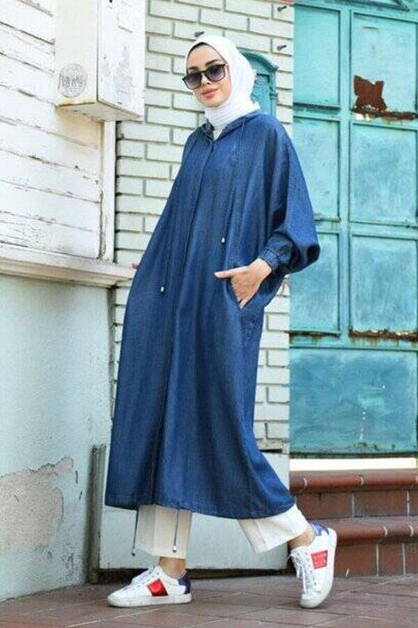 6465-Denim Standart Salaş Tunik Koyu Mavi