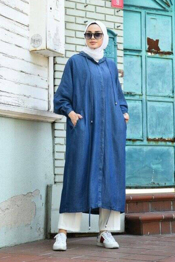 6465-Denim Standart Salaş Tunik Koyu Mavi