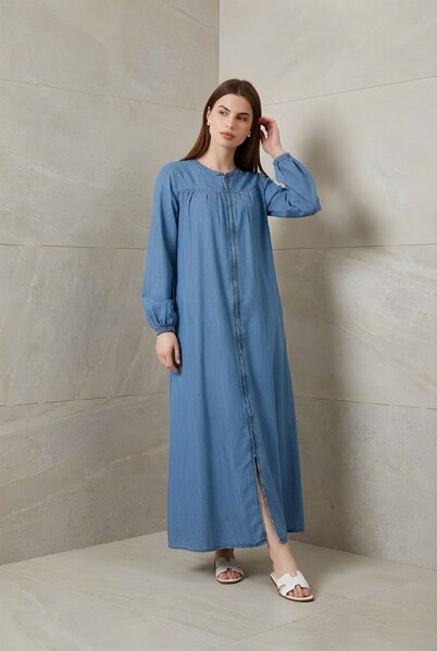 Neways - 6470-Denim Fermuarlı Ferace Koyu Mavi
